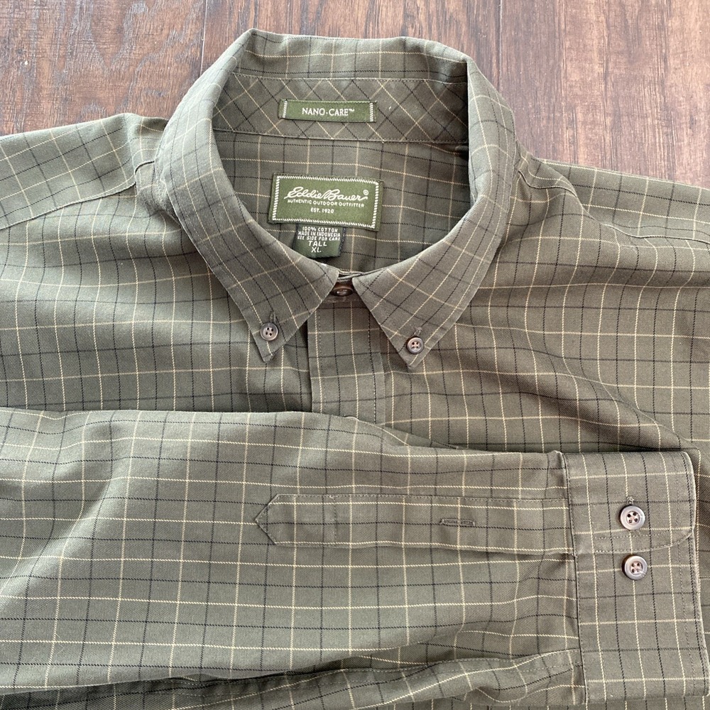 Eddie Bauer Shirt Mens XLT Tall Green Plaid Long Sleeve Button Down Excellent